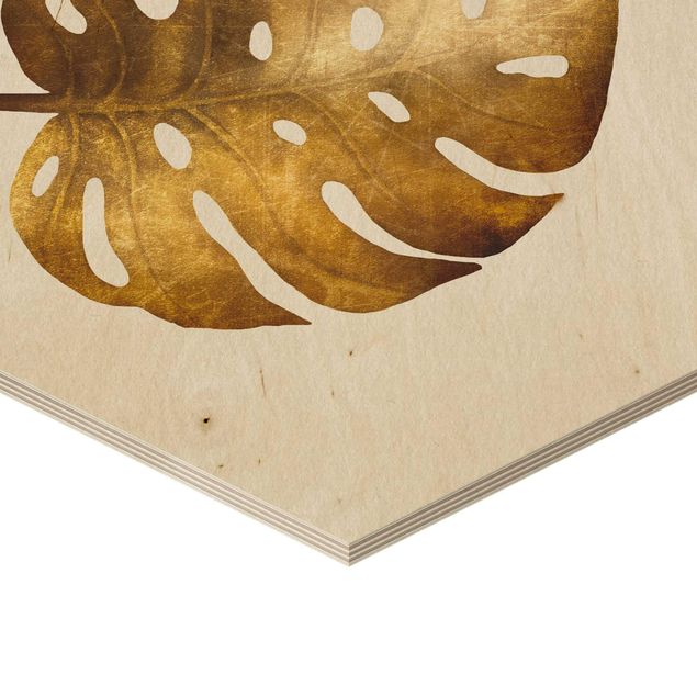 Wooden hexagon - Gold - Monstera