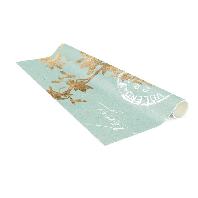 floral area rugs Golden Leaves On Turquoise II