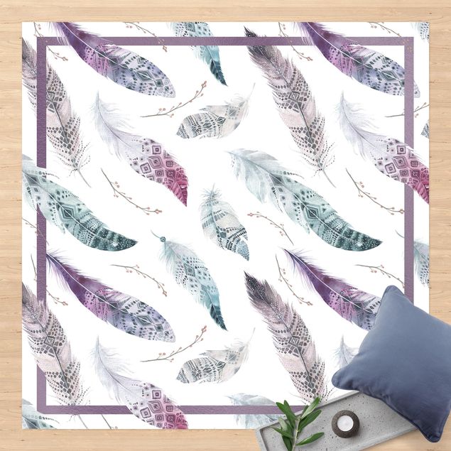 balcony mat Boho Watercolour Feathers In Aubergine And Petrol Colour With Frame