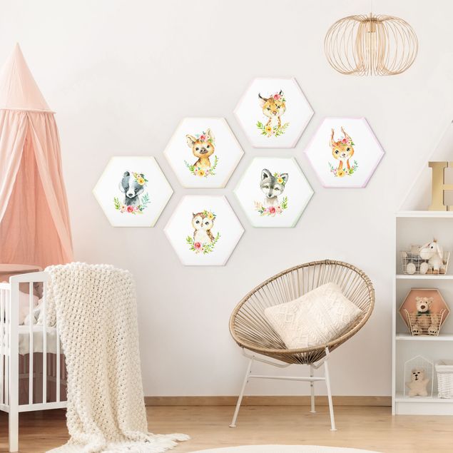 Forex hexagon - Watercolour Forest Animals With Flowers Set V