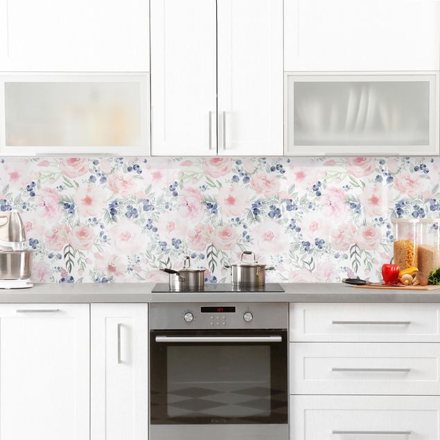Kitchen splashback patterns Pink Roses With Blueberries In Front Of White