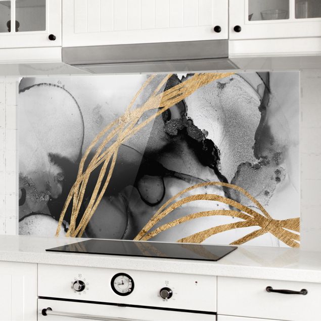 Glass splashback kitchen abstract Black Ink With Golden Lines II