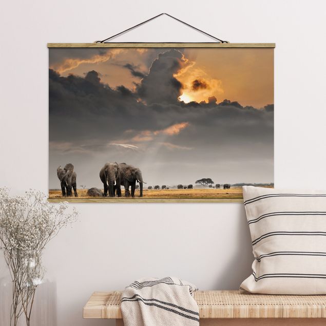 Fabric print with poster hangers - Elephants in the Savannah