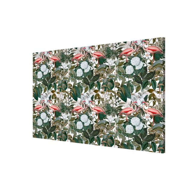 Magnetic memo board - Pink Flamingos With Leaves And White Flowers
