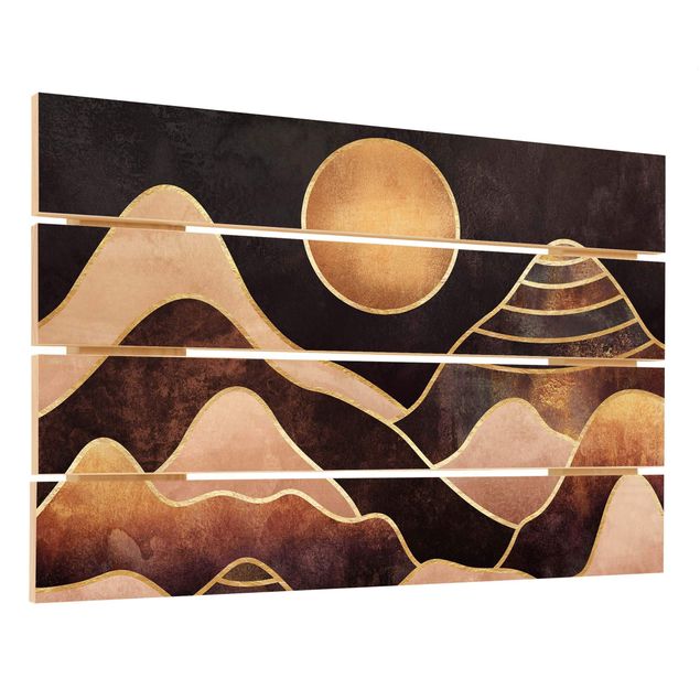 Print on wood - Golden Sun Abstract Mountains