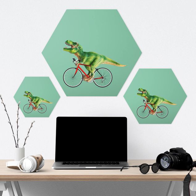 Alu-Dibond hexagon - Dinosaur With Bicycle