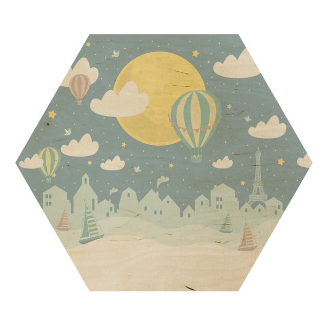 Wooden hexagon - Paris With Stars And Hot Air Balloon