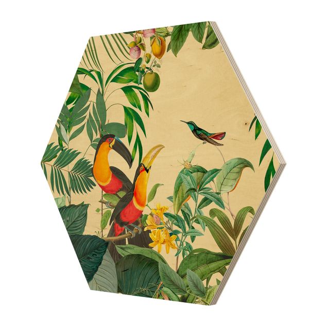 Hexagon Picture Wood - Vintage Collage - Birds In The Jungle