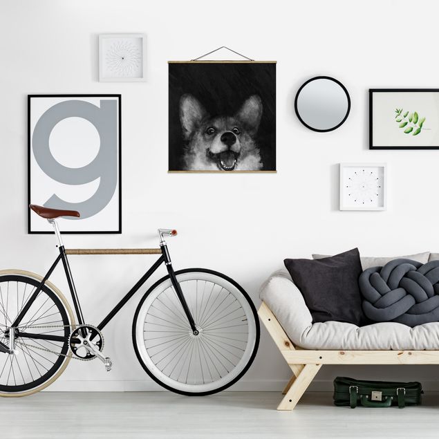 Fabric print with poster hangers - Illustration Dog Corgi Paintig Black And White