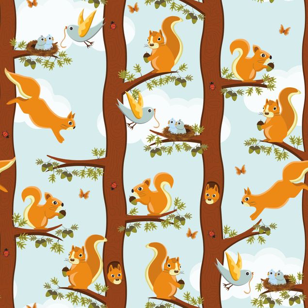 Adhesive film for furniture - Cute Kids Pattern With Squirrels And Baby Birds