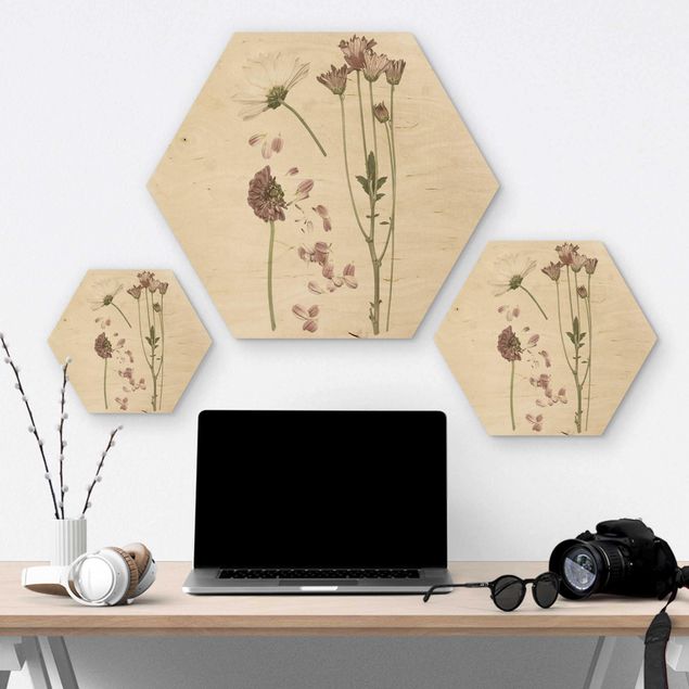 Wooden hexagon - Herbarium In Pink II