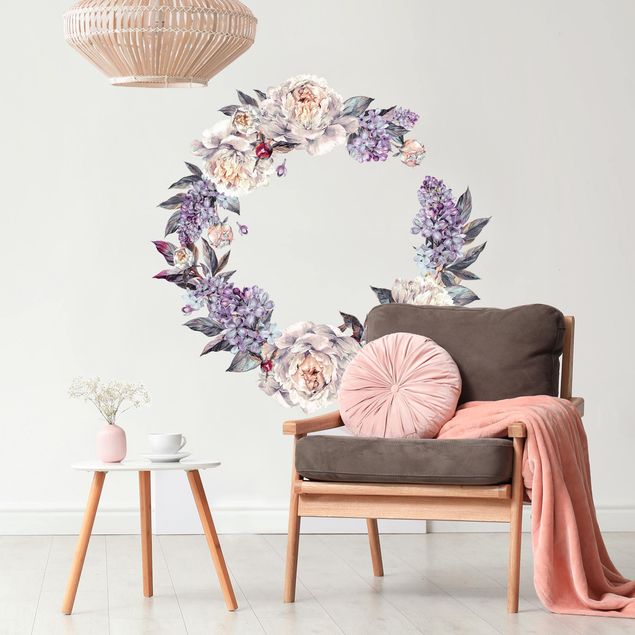 Flower wall decals Watercolour Lilac Peonies Wreath XXL