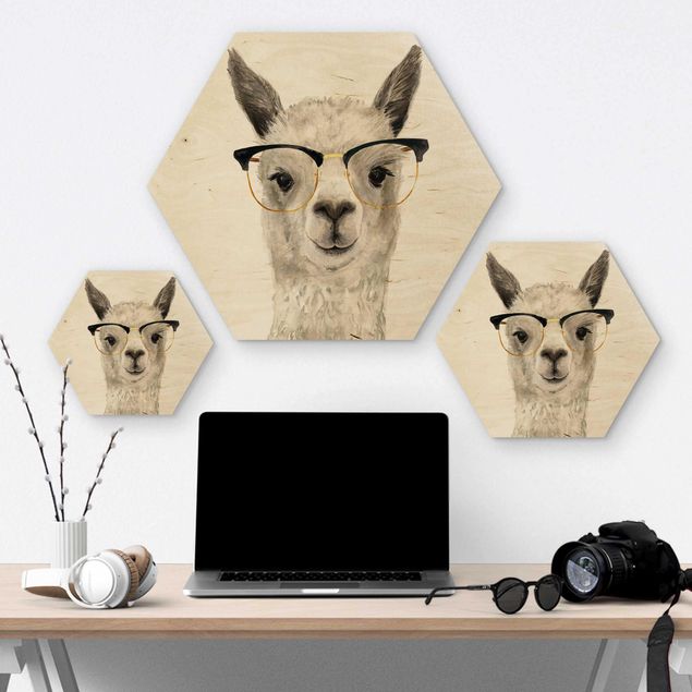 Wooden hexagon - Hip Lama With Glasses I