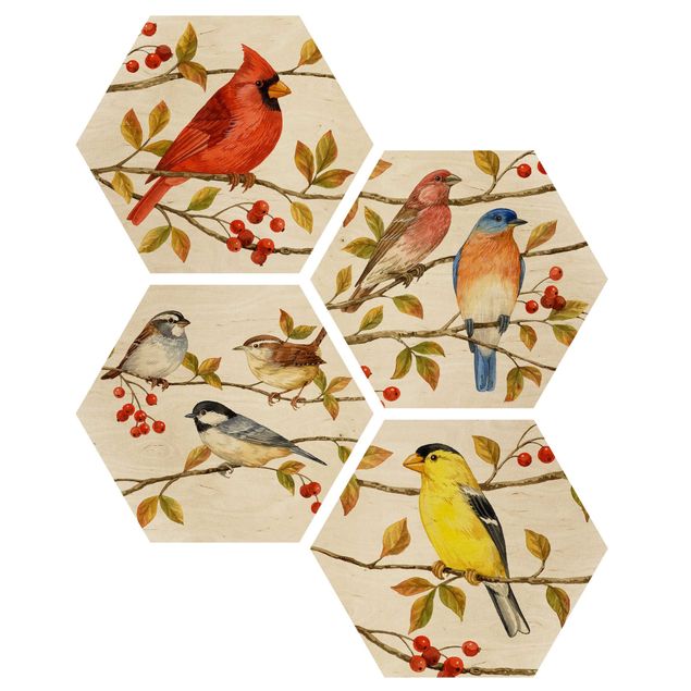 Wooden hexagon - Birds And Berries Set II