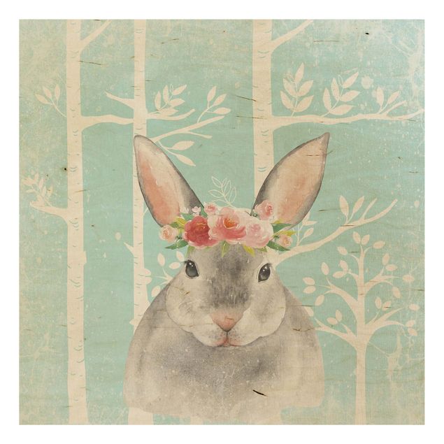 Print on wood - Watercolour Rabbit Turquoise