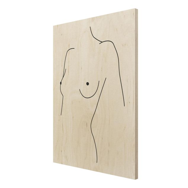 Print on wood - Line Art Nude Bust Woman Black And White