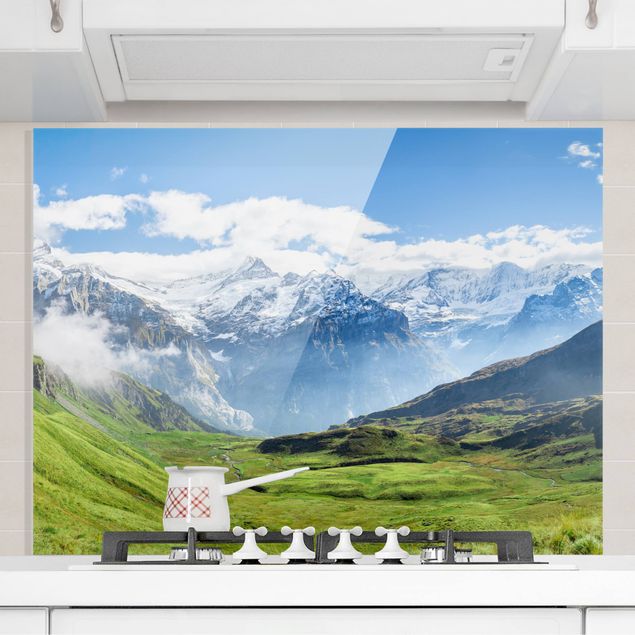 Glass splashback kitchen architecture and skylines Swiss Alpine Panorama
