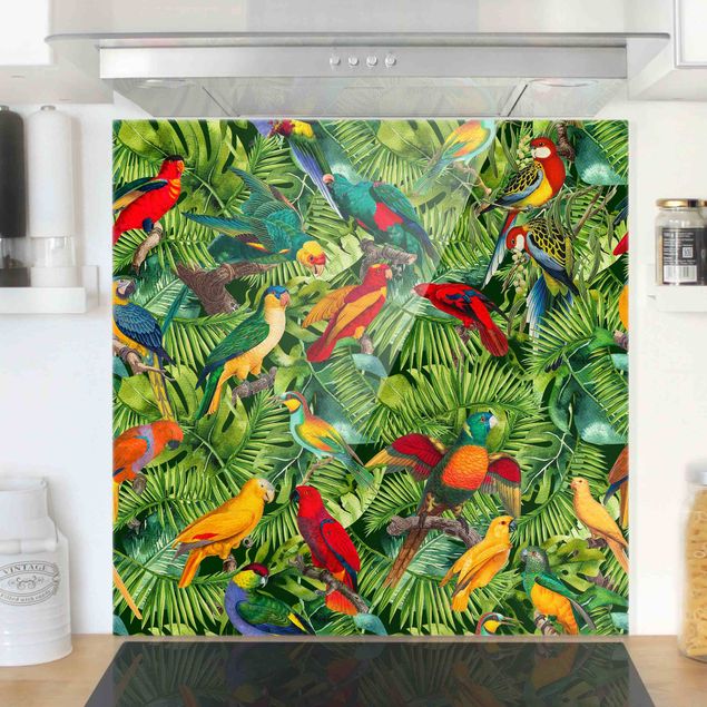 Glass splashback flower Colourful Collage - Parrots In The Jungle