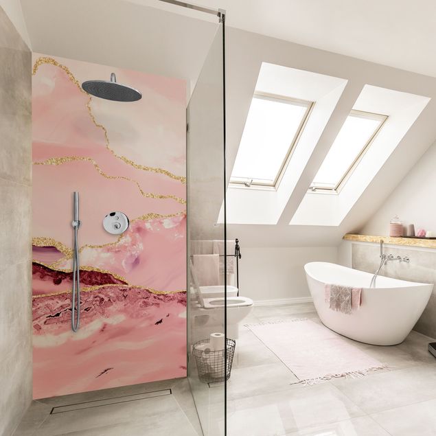 Shower wall cladding - Abstract Mountains Pink With Golden Lines