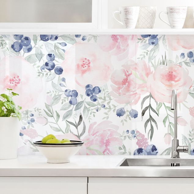 Kitchen splashback flower Pink Roses With Blueberries In Front Of White