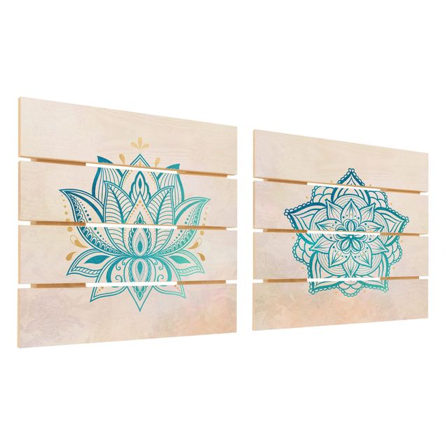 Print on wood - Mandala Hamsa Hand Lotus Set Gold Blue