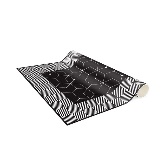 tile effect rug Geometrical Tiles Dotted Lines Black With Border