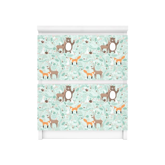 Adhesive film for furniture IKEA - Malm chest of 2x drawers - Kids Pattern Forest Friends With Forest Animals