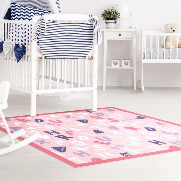 modern area rugs Alphabet With Hearts And Dots In Light Pink With Frame