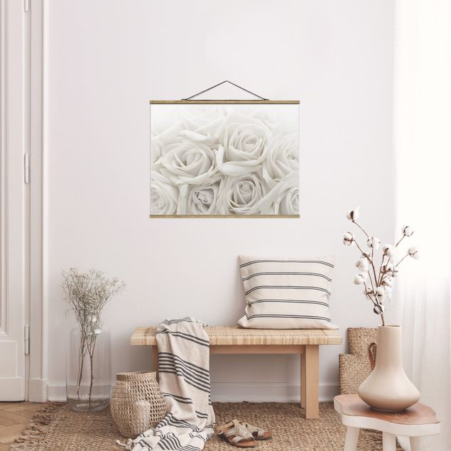 Fabric print with poster hangers - White Roses