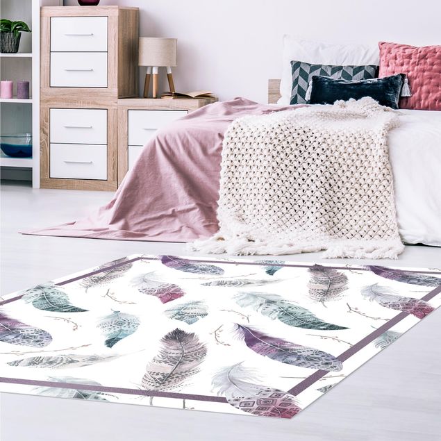 contemporary rugs Boho Watercolour Feathers In Aubergine And Petrol Colour With Frame
