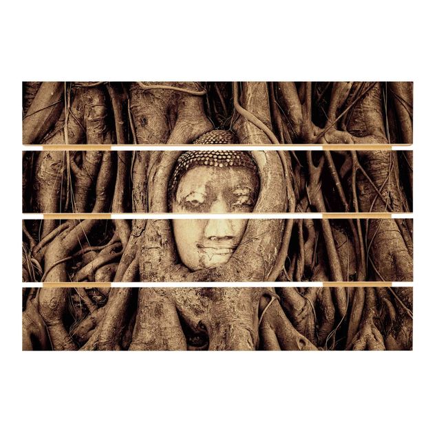 Print on wood - Buddha In Ayutthaya Lined From Tree Roots In Brown