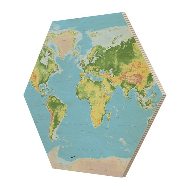 Wooden hexagon - Physical World Map