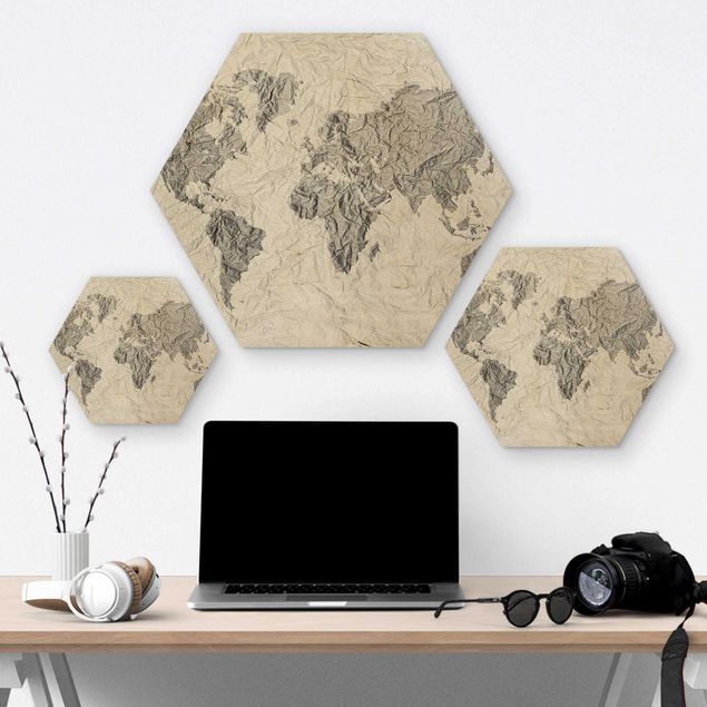 Wooden hexagon - Paper World Map White Grey