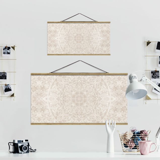 Fabric print with poster hangers - Mandala Watercolour Pattern Ornament Beige