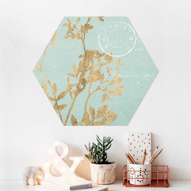 Alu-Dibond hexagon - Golden Leaves On Turquoise I
