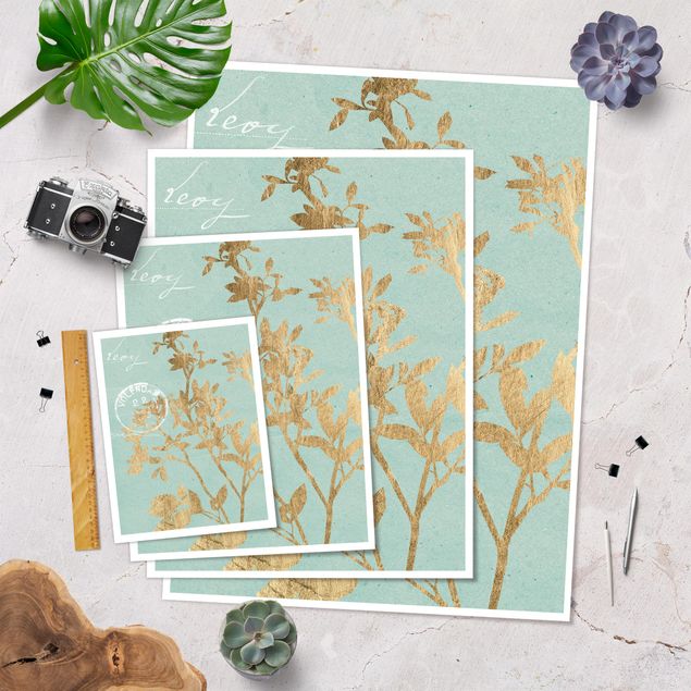 Poster flowers - Golden Leaves On Turquoise II