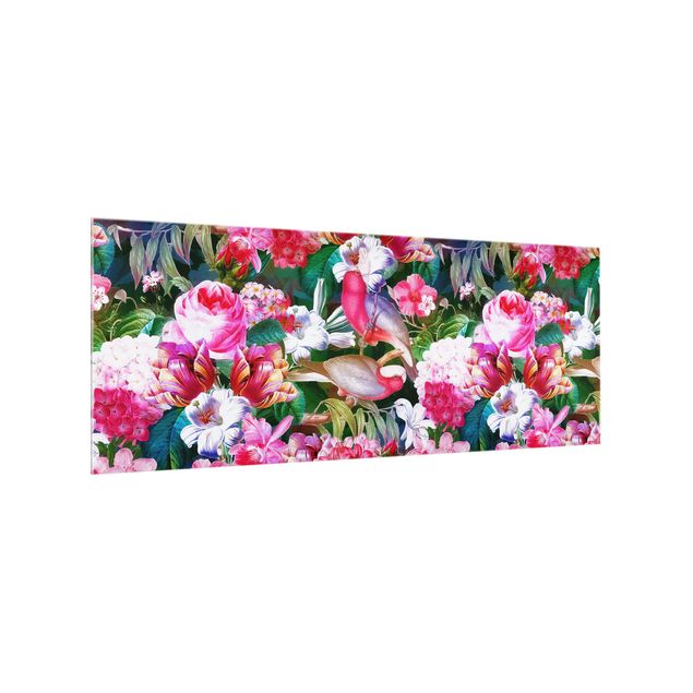Glass splashback art print Colourful Tropical Flowers With Birds Pink