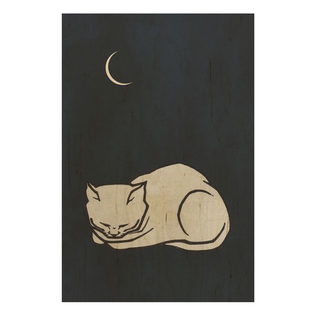 Print on wood - Sleeping Cat Illustration