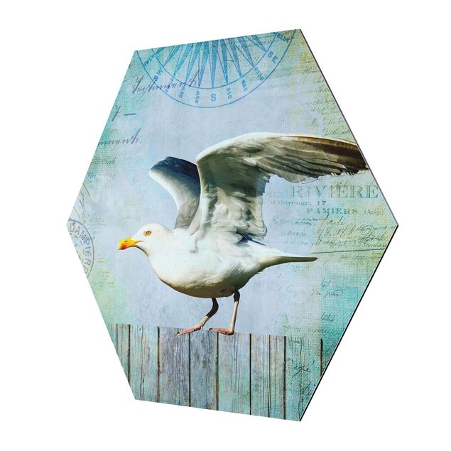 Alu-Dibond hexagon - Vintage Collage - Seagull On Wooden Planks