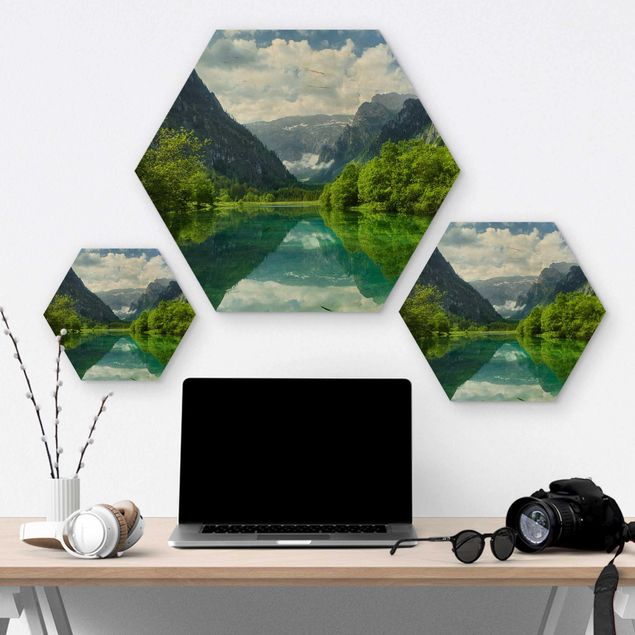 Wooden hexagon - Mountain Lake With Water Reflection