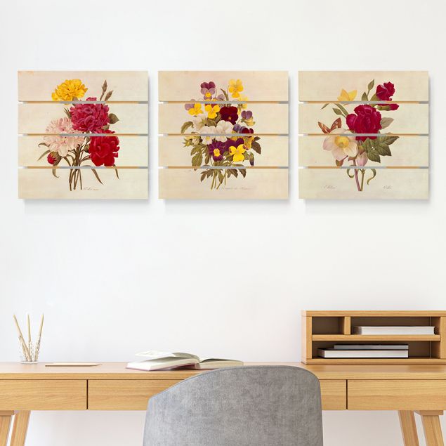 Print on wood - Pierre Joseph Redouté - Roses Cloves Pansies