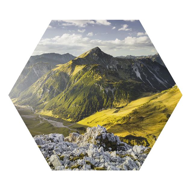Alu-Dibond hexagon - Mountains And Valley Of The Lechtal Alps In Tirol