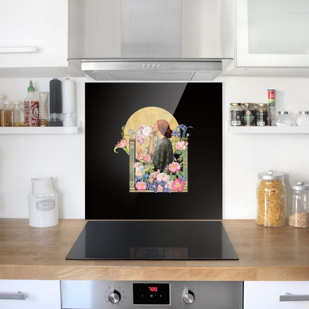 Glass splashback Golden Circle Behind Lady With Flowers