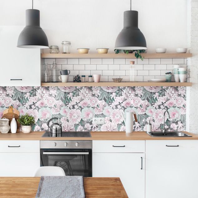 Kitchen splashback patterns Nostalgic Peonies In Pastel Pink II