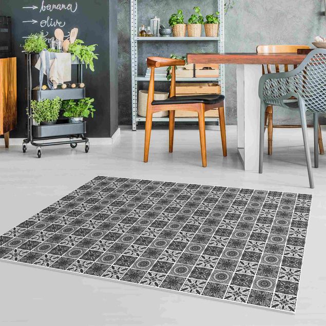 tile effect rug Oriental Mandala Pattern Mix In Black With Glitter Look