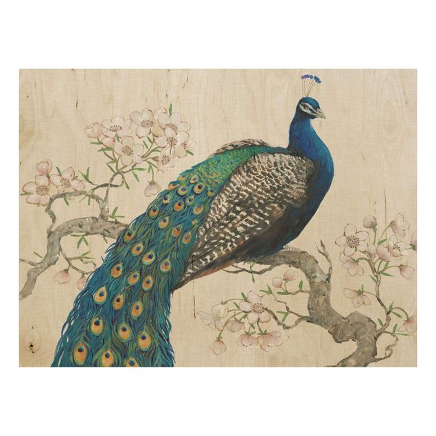 Print on wood - Vintage Peacock With Cherry Blossoms