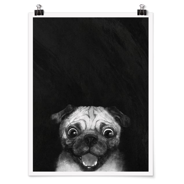 Poster - Illustration Dog Pug Painting On Black And White