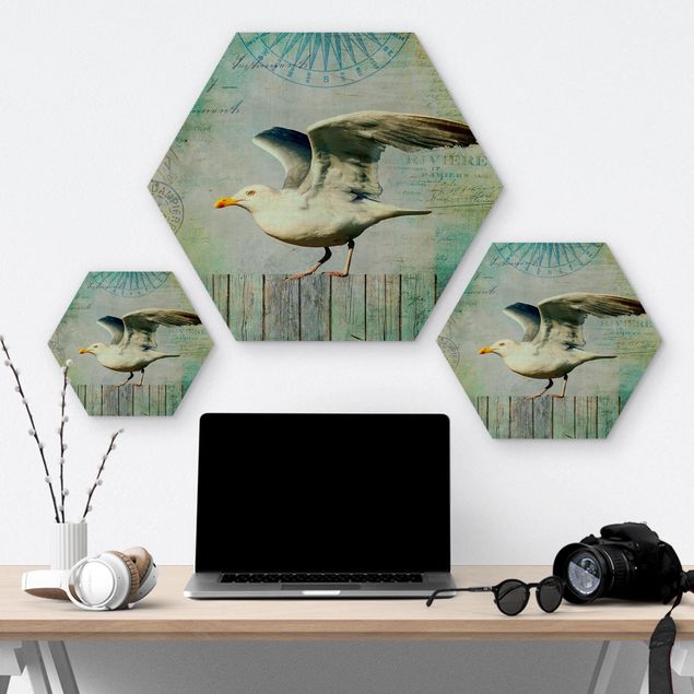 Hexagon Picture Wood - Vintage Collage - Seagull On Wooden Planks
