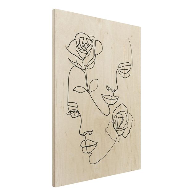 Print on wood - Line Art Faces Women Roses Black And White