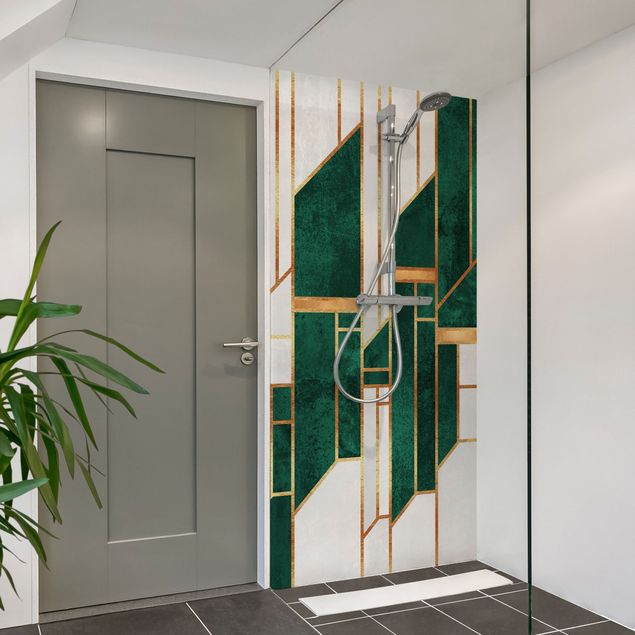 Shower wall cladding - Emerald And gold Geometry